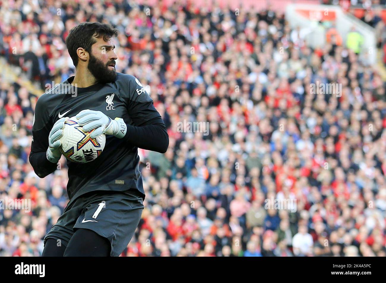 Liverpool, UK. 01st Oct, 2022. Liverpool Goalkeeper Alisson Becker with the ball. Premier League match, Liverpool v Brighton & Hove Albion at Anfield in Liverpool on Saturday 1st October 2022. this image may only be used for Editorial purposes. Editorial use only, license required for commercial use. No use in betting, games or a single club/league/player publications. pic by Chris Stading/Andrew Orchard sports photography/Alamy Live news Credit: Andrew Orchard sports photography/Alamy Live News Stock Photo