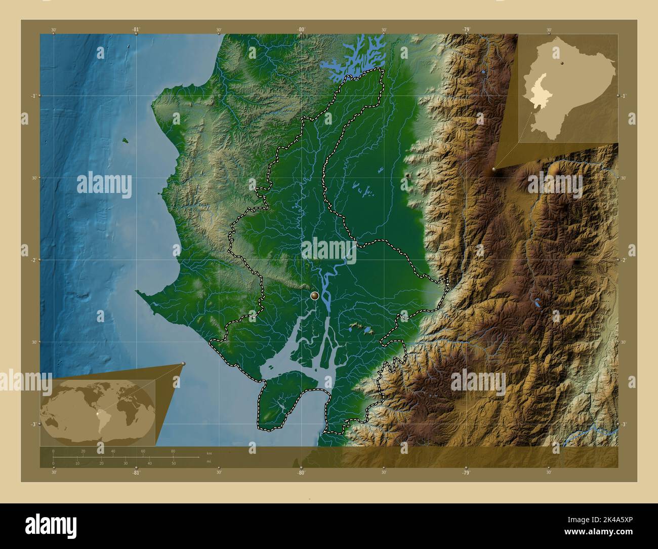 Guayas, province of Ecuador. Colored elevation map with lakes and ...