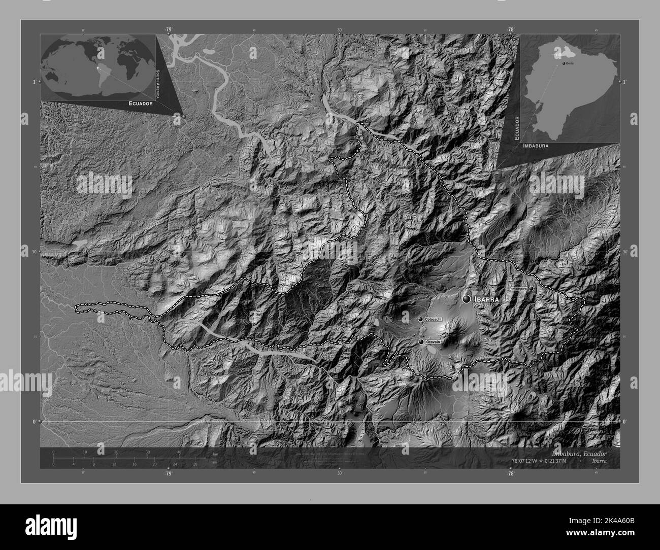 Imbabura, province of Ecuador. Bilevel elevation map with lakes and