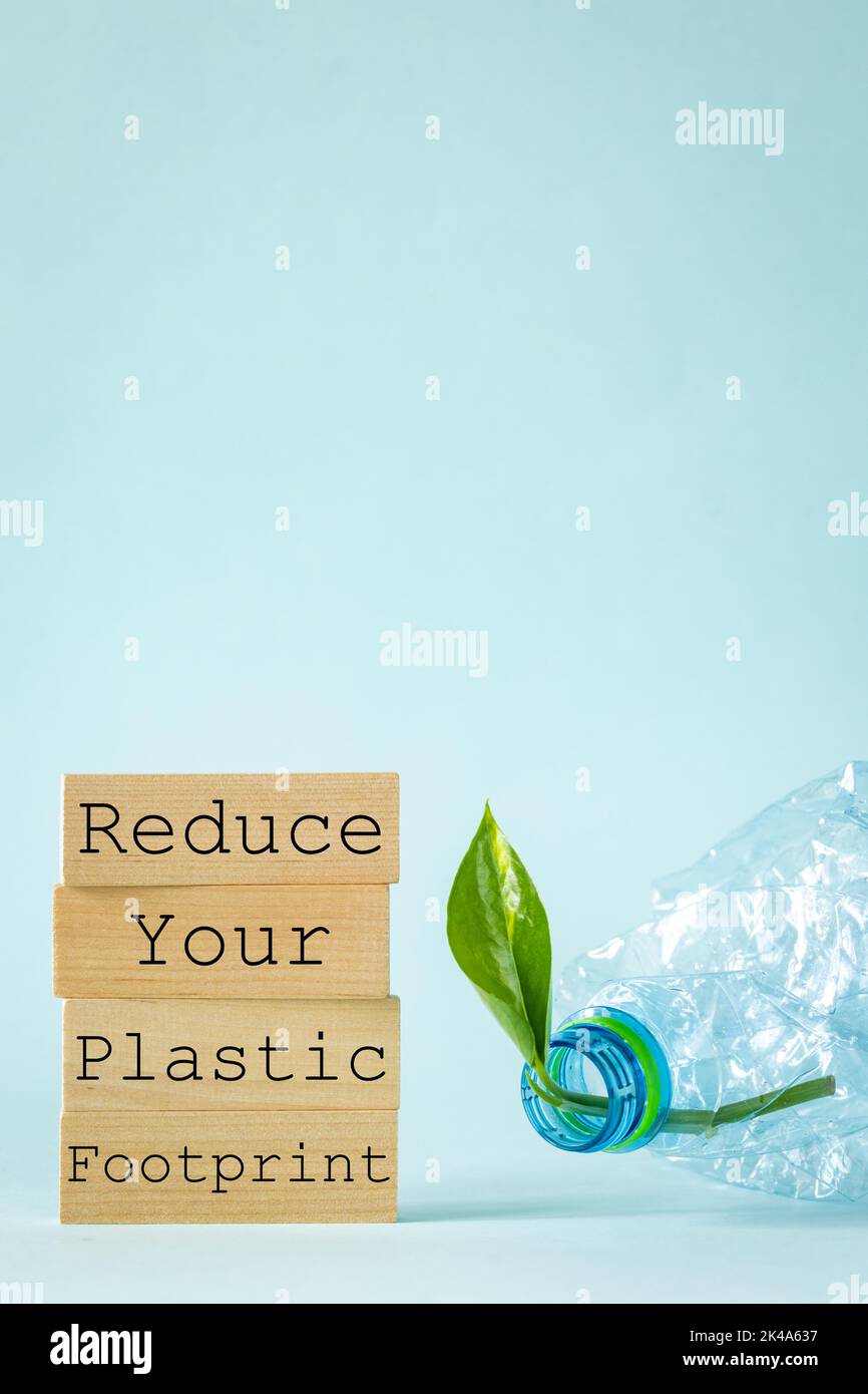 Wooden blocks with slogan, Reduce Your plastic footprint, Crushed