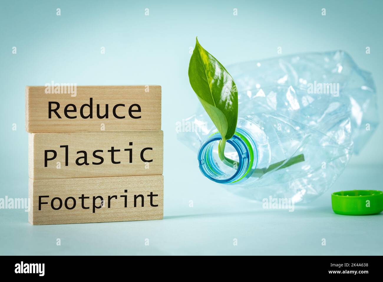 Wooden blocks with slogan, Reduce Your plastic footprint, Crushed