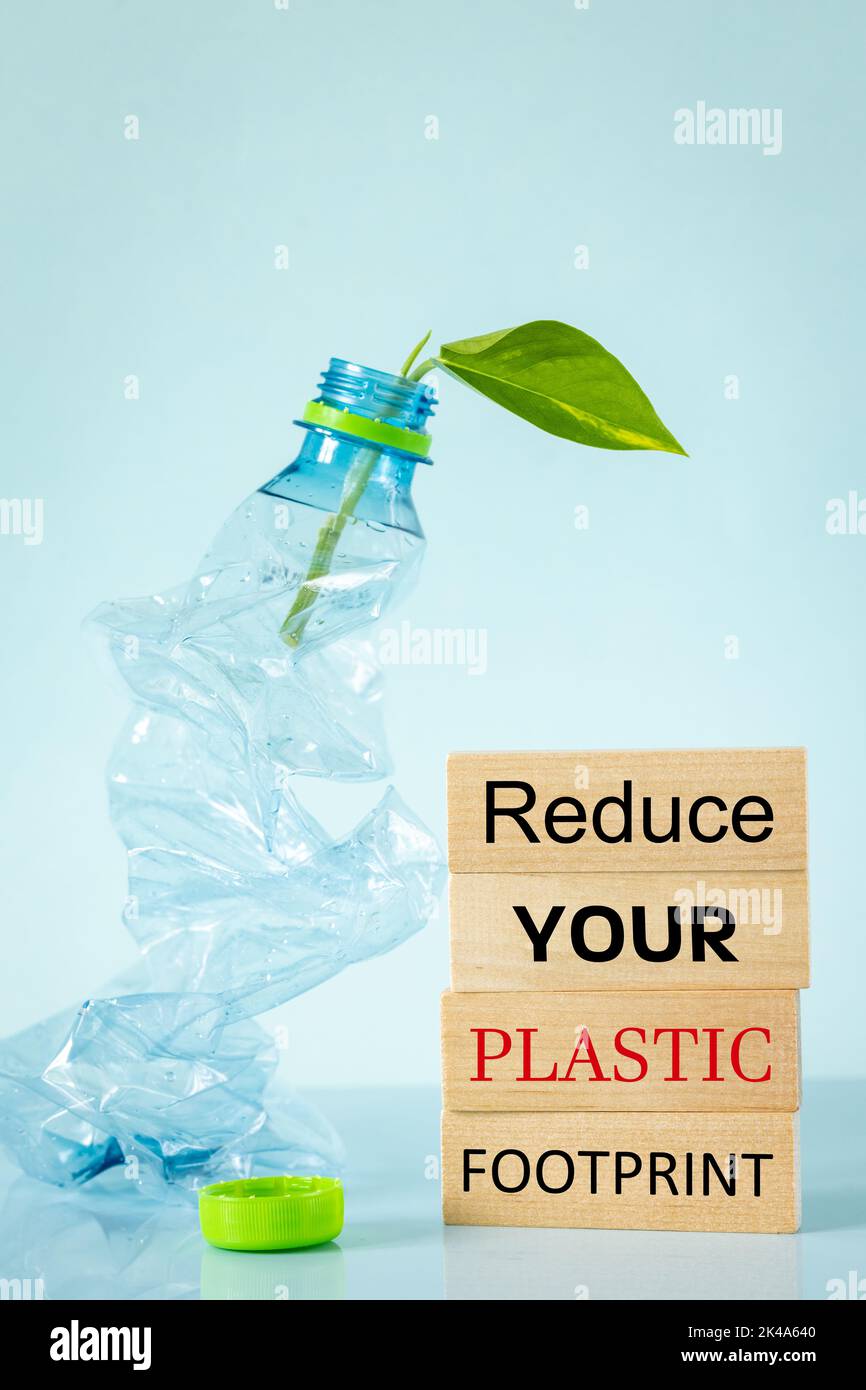 Wooden blocks with slogan, Reduce Your plastic footprint, Crushed