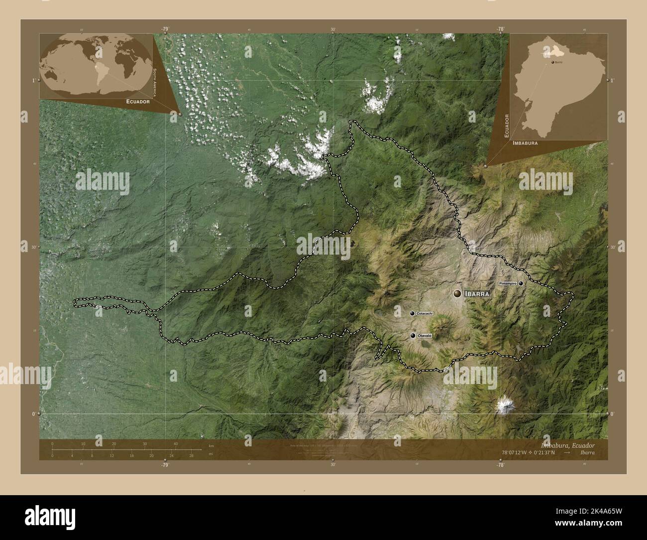 Imbabura, province of Ecuador. Low resolution satellite map. Locations