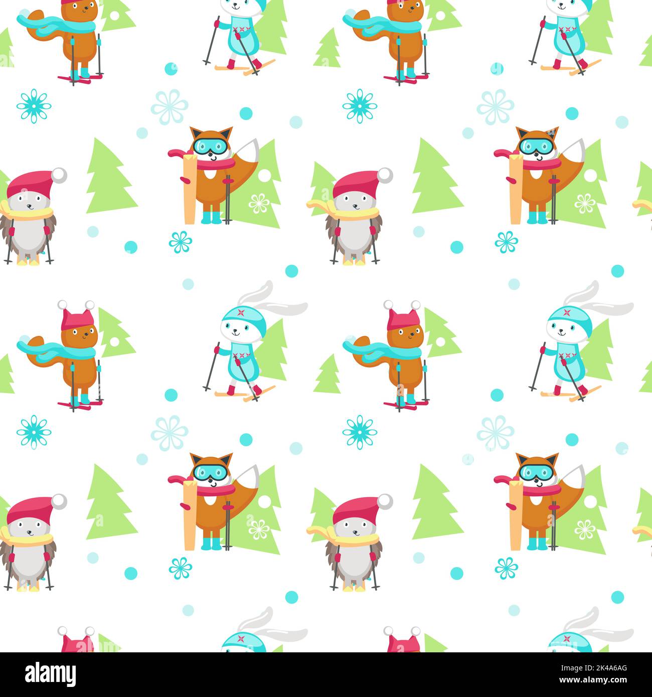 Vector seamless pattern with cute animals hedgehog, squirrel, fox and ...