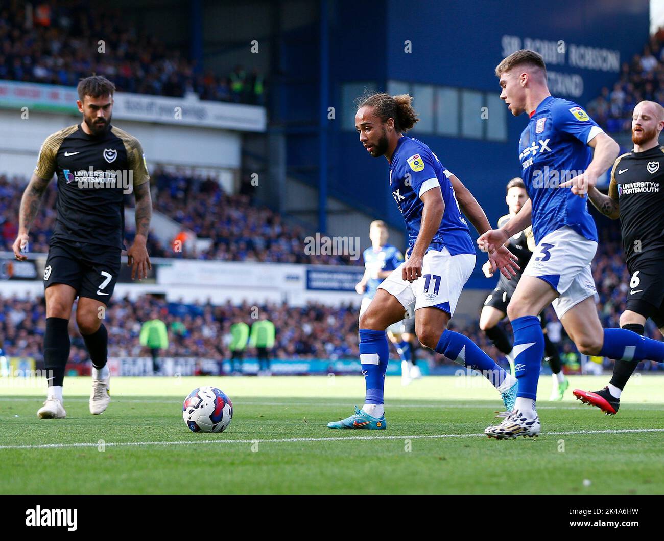 Ipswich, UK. 01st Oct, 2022. Marcus Harness of Ipswich Town lays the ball off to Leif Davis of Ipswich Town during the Sky Bet League One match between Ipswich Town and Portsmouth at Portman Road on October 1st 2022 in Ipswich, England. (Photo by Mick Kearns/phcimages.com) Credit: PHC Images/Alamy Live News Stock Photo