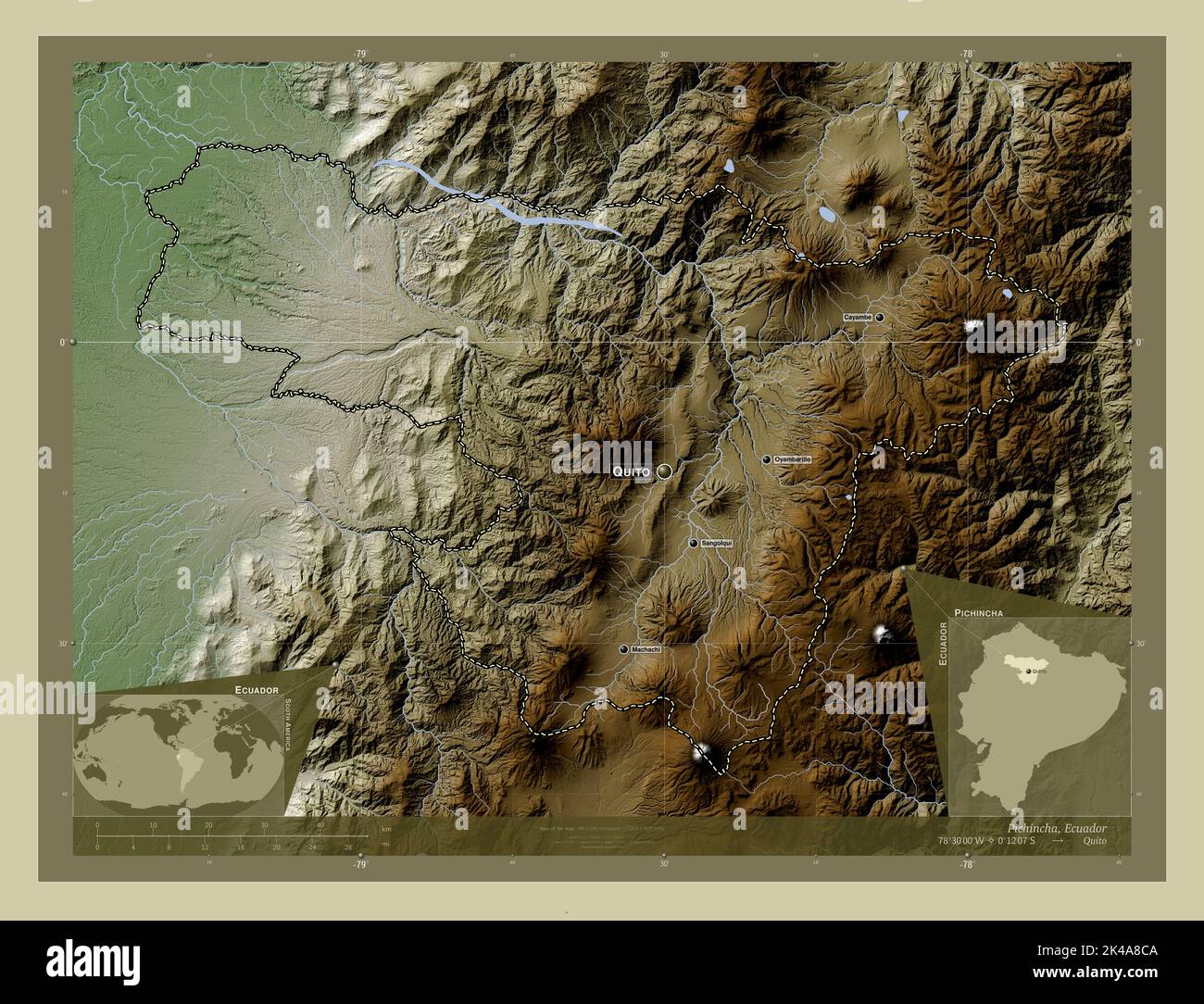 Pichincha Province Of Ecuador Elevation Map Colored In Wiki Style   Pichincha Province Of Ecuador Elevation Map Colored In Wiki Style With Lakes And Rivers Locations And Names Of Major Cities Of The Region Corner A 2K4A8CA 