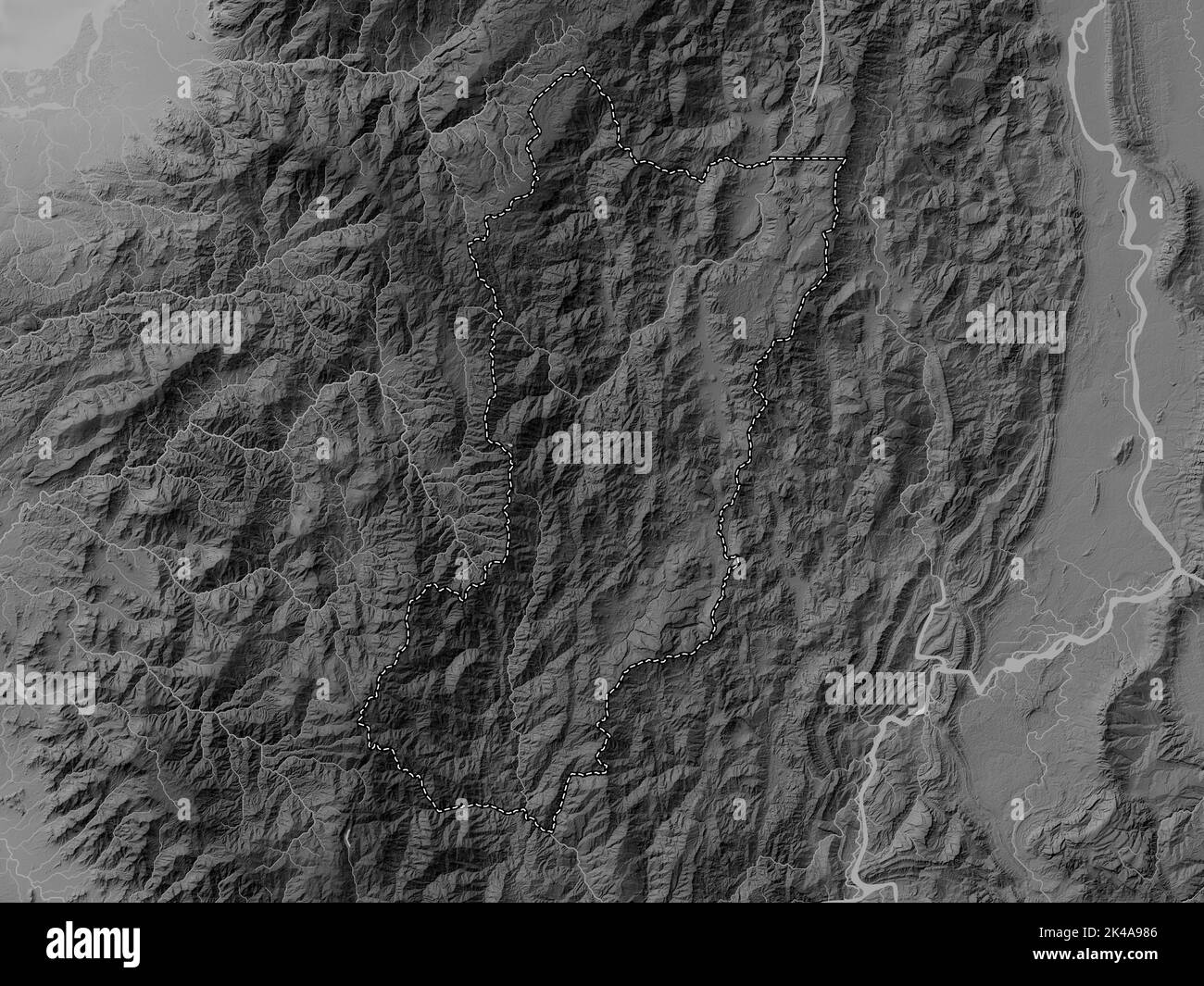 Zamora Chinchipe, province of Ecuador. Grayscale elevation map with lakes and rivers Stock Photo