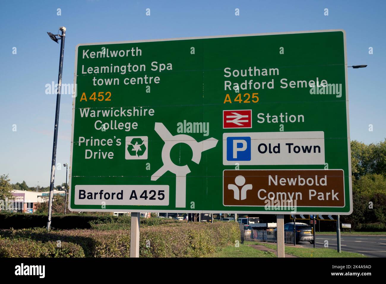 Road sign at Myton Road roundabout, Leamington Spa, Warwickshire, England, UK Stock Photo