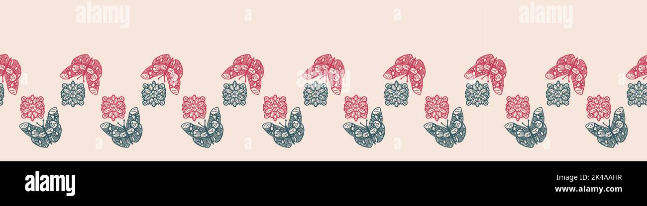 Retro butterfly seamless border. 70s style ecological insect garden ...