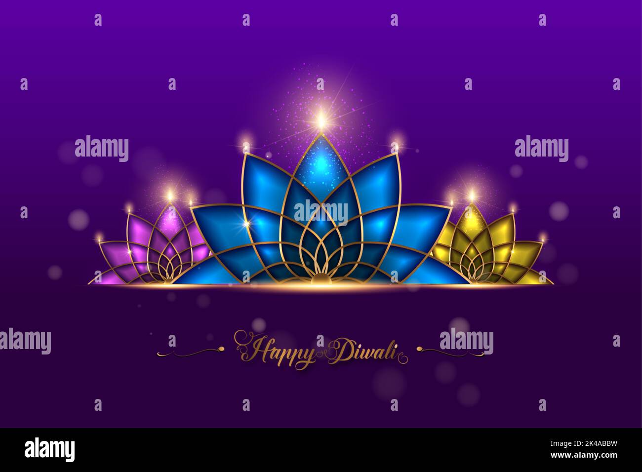 Happy Diwali Festival of Lights India Celebration colorful template. Graphic banner design of Indian Lotus Diya Oil Lamps, Modern Design Stock Vector