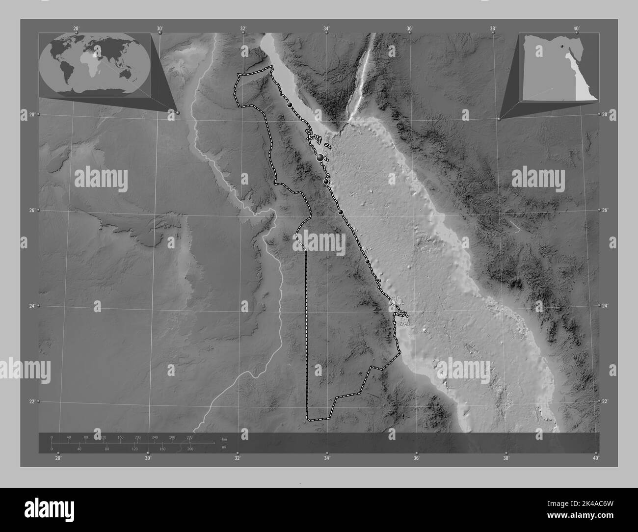 Al Bahr al Ahmar, governorate of Egypt. Grayscale elevation map with lakes and rivers. Locations of major cities of the region. Corner auxiliary locat Stock Photo