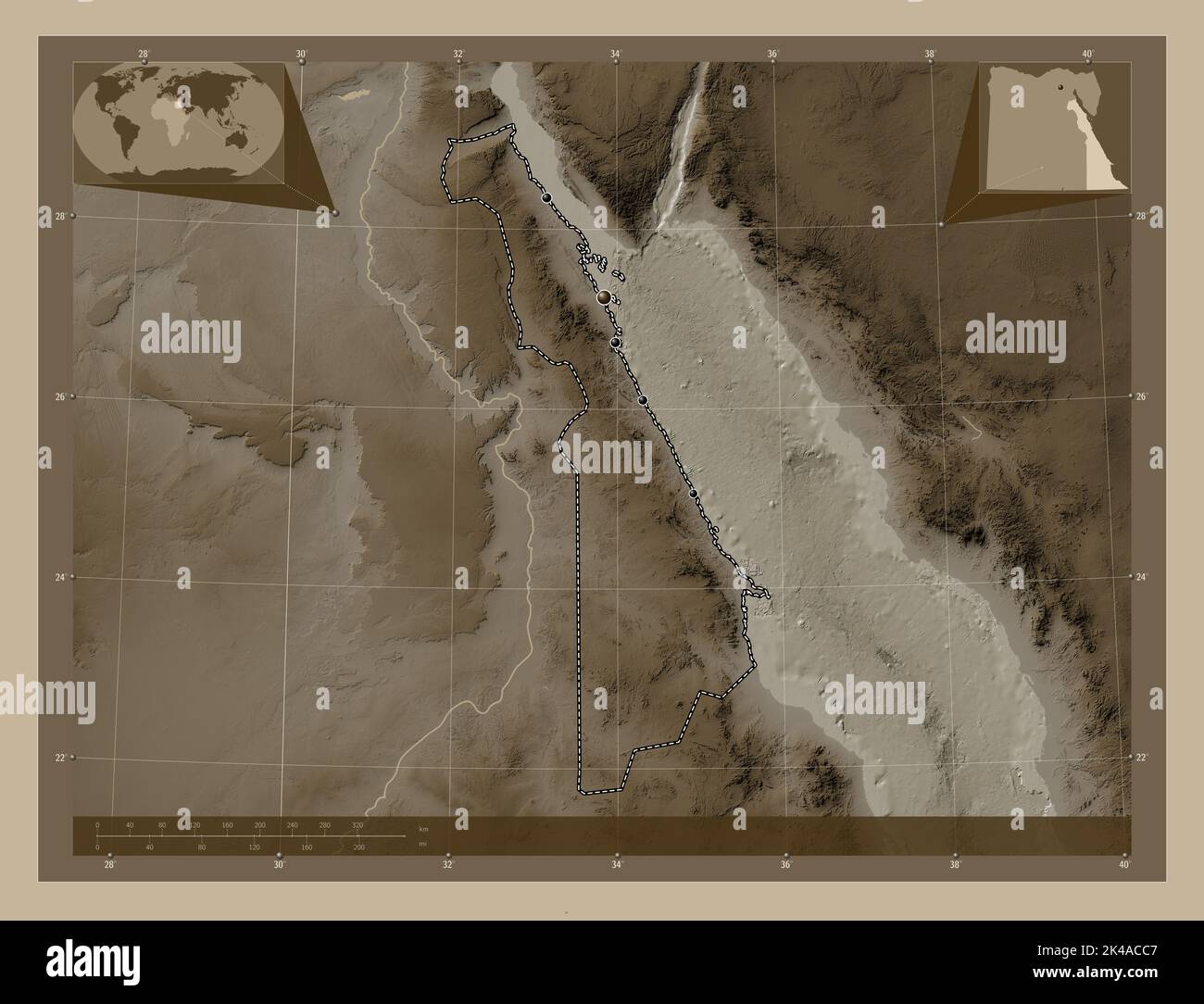 Al Bahr al Ahmar, governorate of Egypt. Elevation map colored in sepia tones with lakes and rivers. Locations of major cities of the region. Corner au Stock Photo