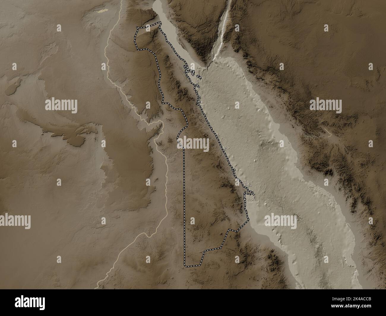 Al Bahr al Ahmar, governorate of Egypt. Elevation map colored in sepia tones with lakes and rivers Stock Photo