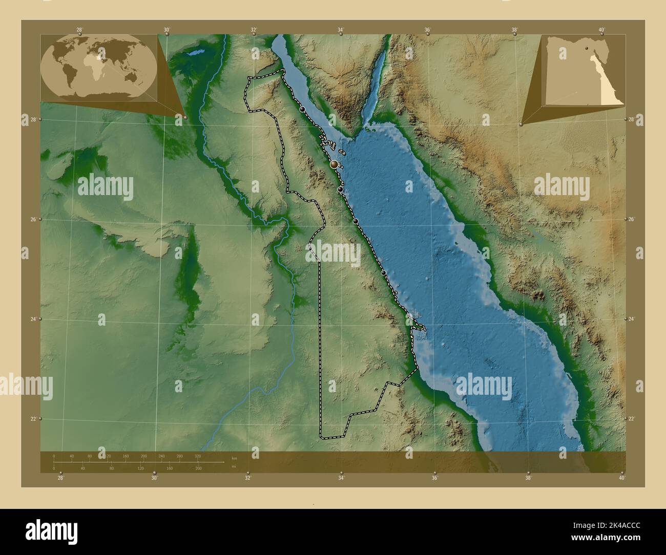 Al Bahr al Ahmar, governorate of Egypt. Colored elevation map with lakes and rivers. Locations of major cities of the region. Corner auxiliary locatio Stock Photo