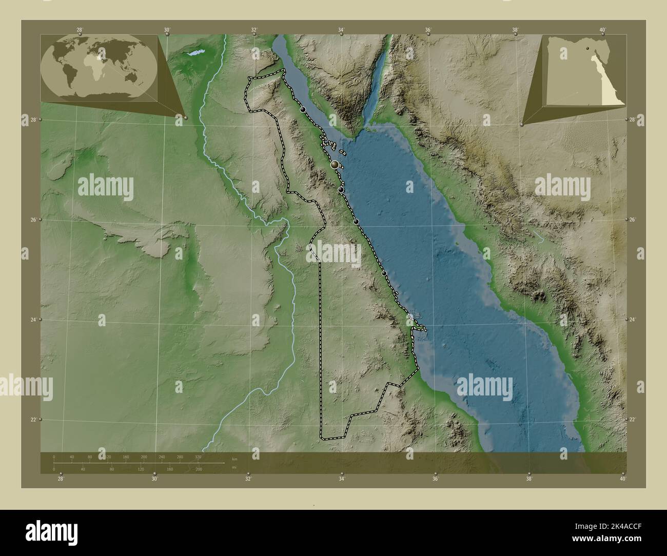Al Bahr al Ahmar, governorate of Egypt. Elevation map colored in wiki style with lakes and rivers. Locations of major cities of the region. Corner aux Stock Photo