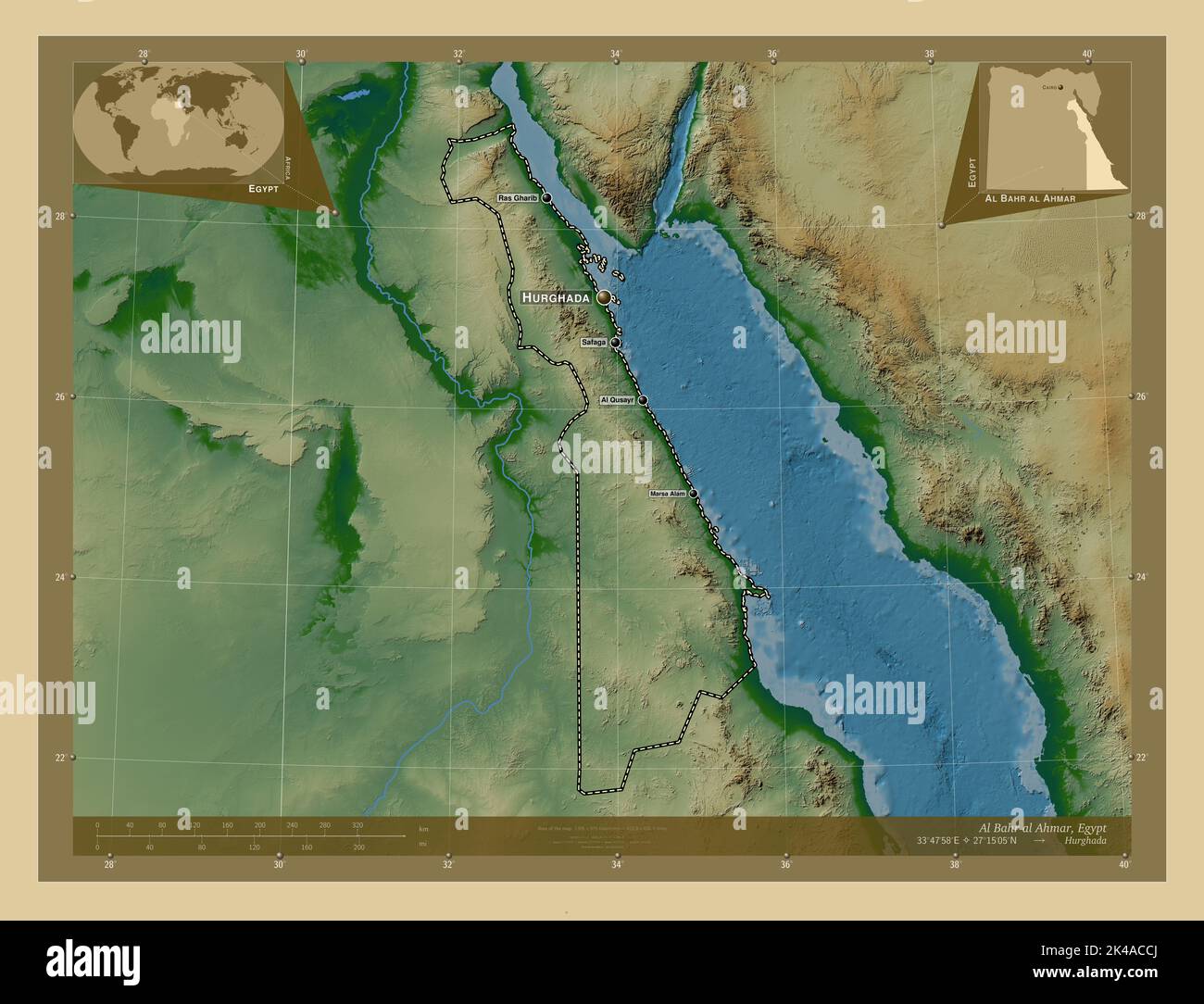 Al Bahr al Ahmar, governorate of Egypt. Colored elevation map with lakes and rivers. Locations and names of major cities of the region. Corner auxilia Stock Photo
