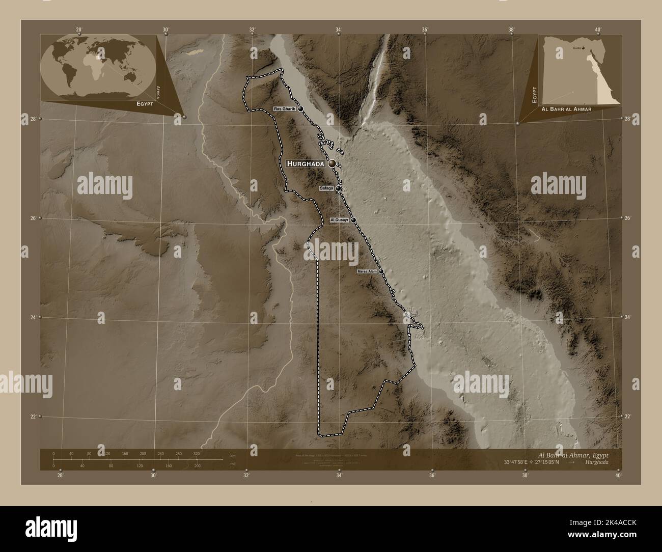Al Bahr al Ahmar, governorate of Egypt. Elevation map colored in sepia tones with lakes and rivers. Locations and names of major cities of the region. Stock Photo