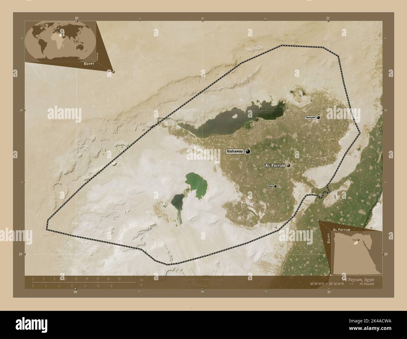 Al Fayyum, governorate of Egypt. Low resolution satellite map