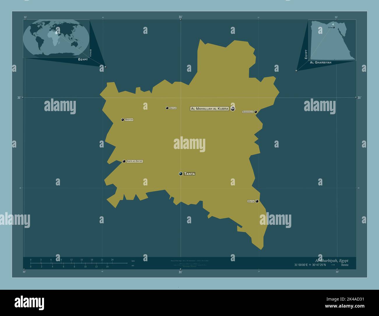 Al Gharbiyah, governorate of Egypt. Solid color shape. Locations and