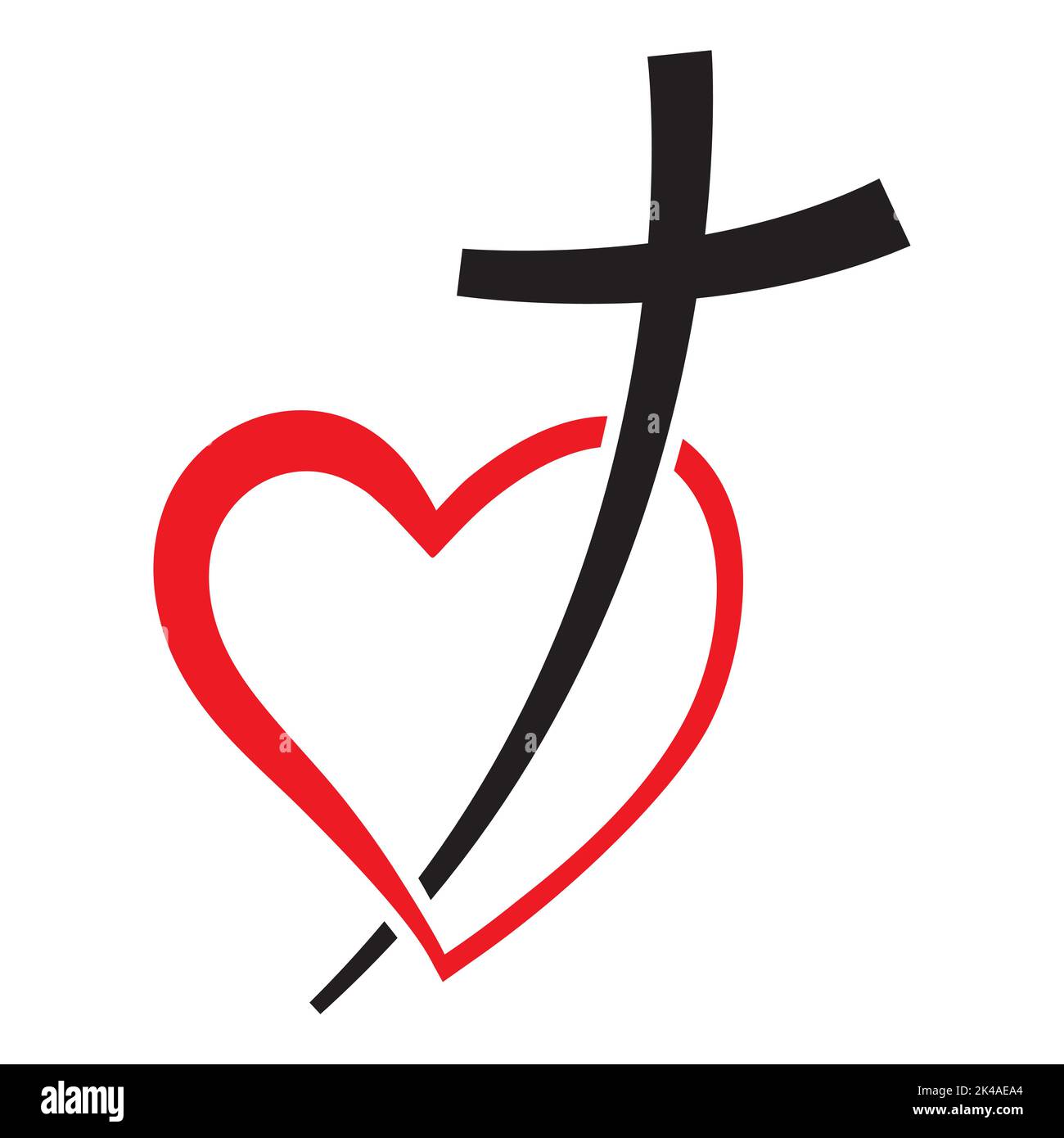 Christian cross icon and red heart shape. Abstract religious symbol