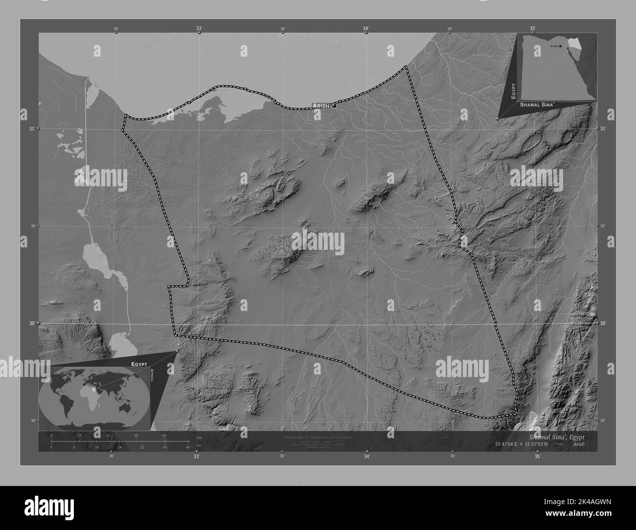 Shamal Sina', governorate of Egypt. Bilevel elevation map with lakes and rivers. Locations and names of major cities of the region. Corner auxiliary l Stock Photo