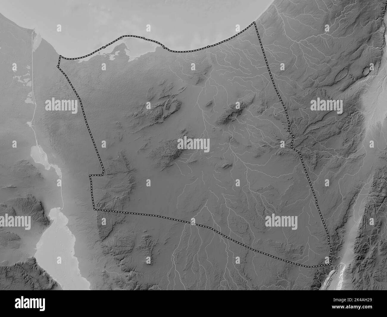 Shamal Sina', governorate of Egypt. Grayscale elevation map with lakes and rivers Stock Photo