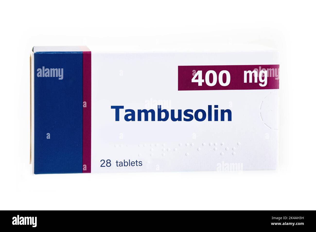 Representative Box of Tamsulosin 400mg, is a medication used to treat symptomatic benign prostatic hyperplasia (BPH) and chronic prostatitis Stock Photo