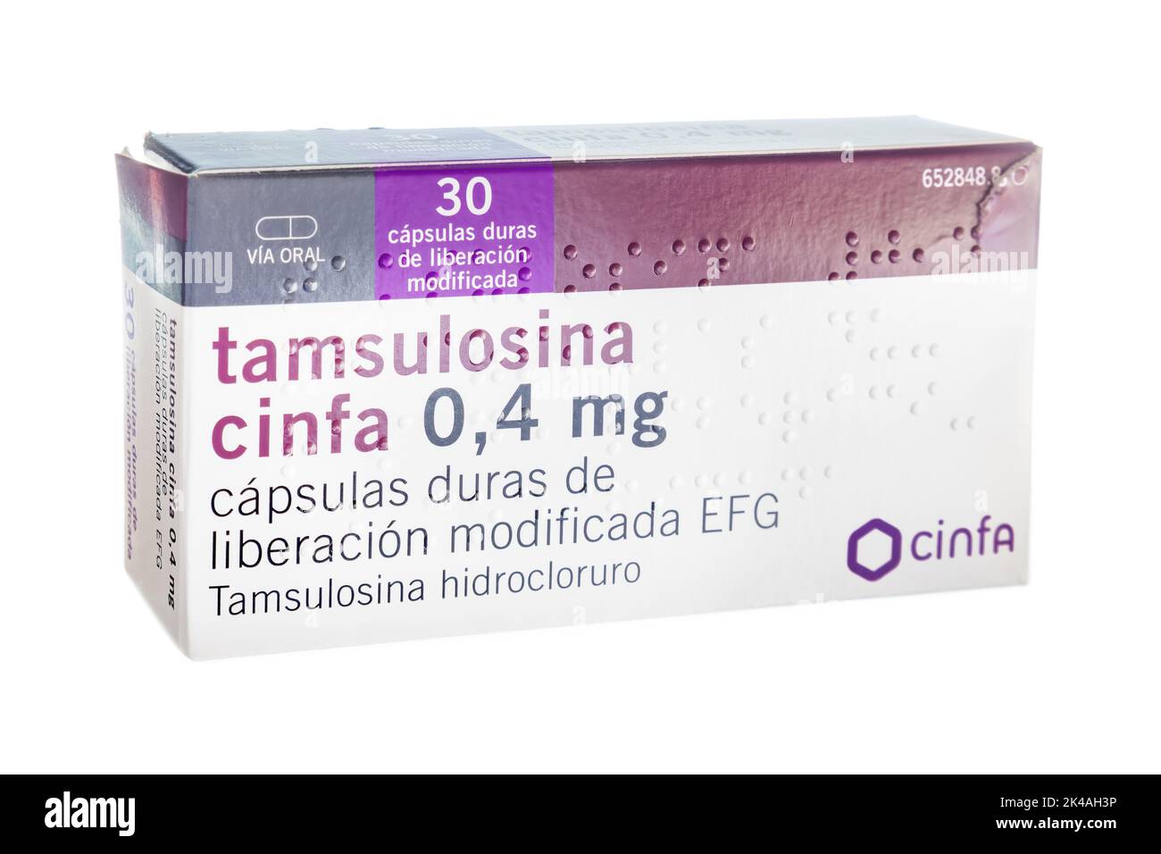 Huelva, Spain - October 1, 2022:  Box of Tamsulosin from Cinfa Laboratory, is a medication used to treat symptomatic benign prostatic hyperplasia (BPH Stock Photo