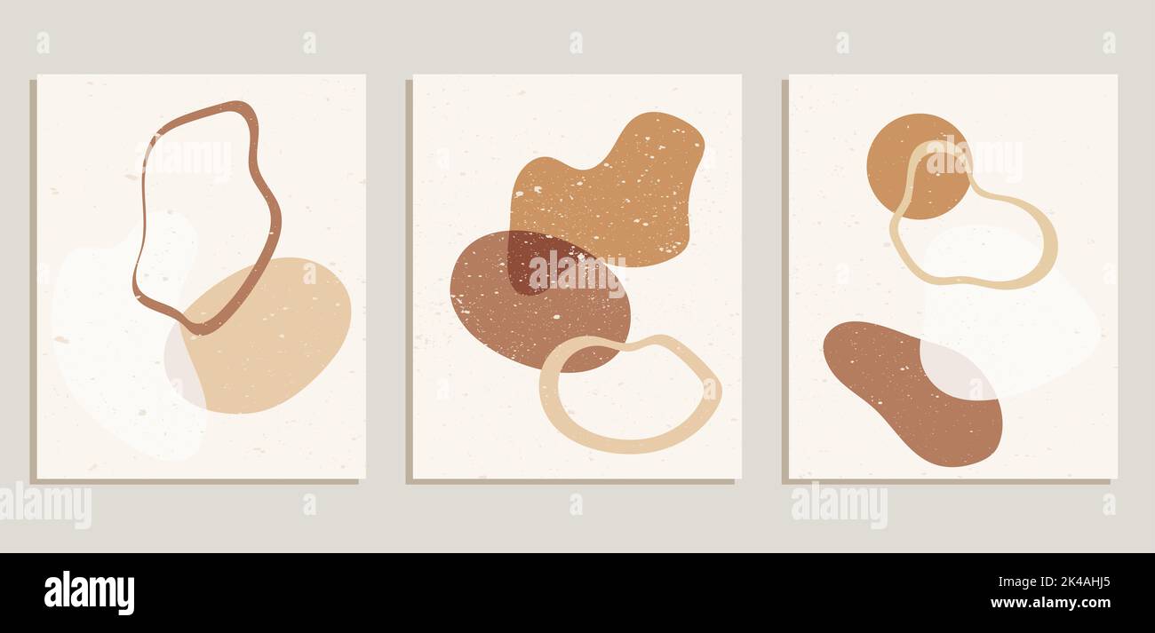 Abstract retro wall art poster set.  Neutral natural colors. Mid Century Modern design. Stock Photo