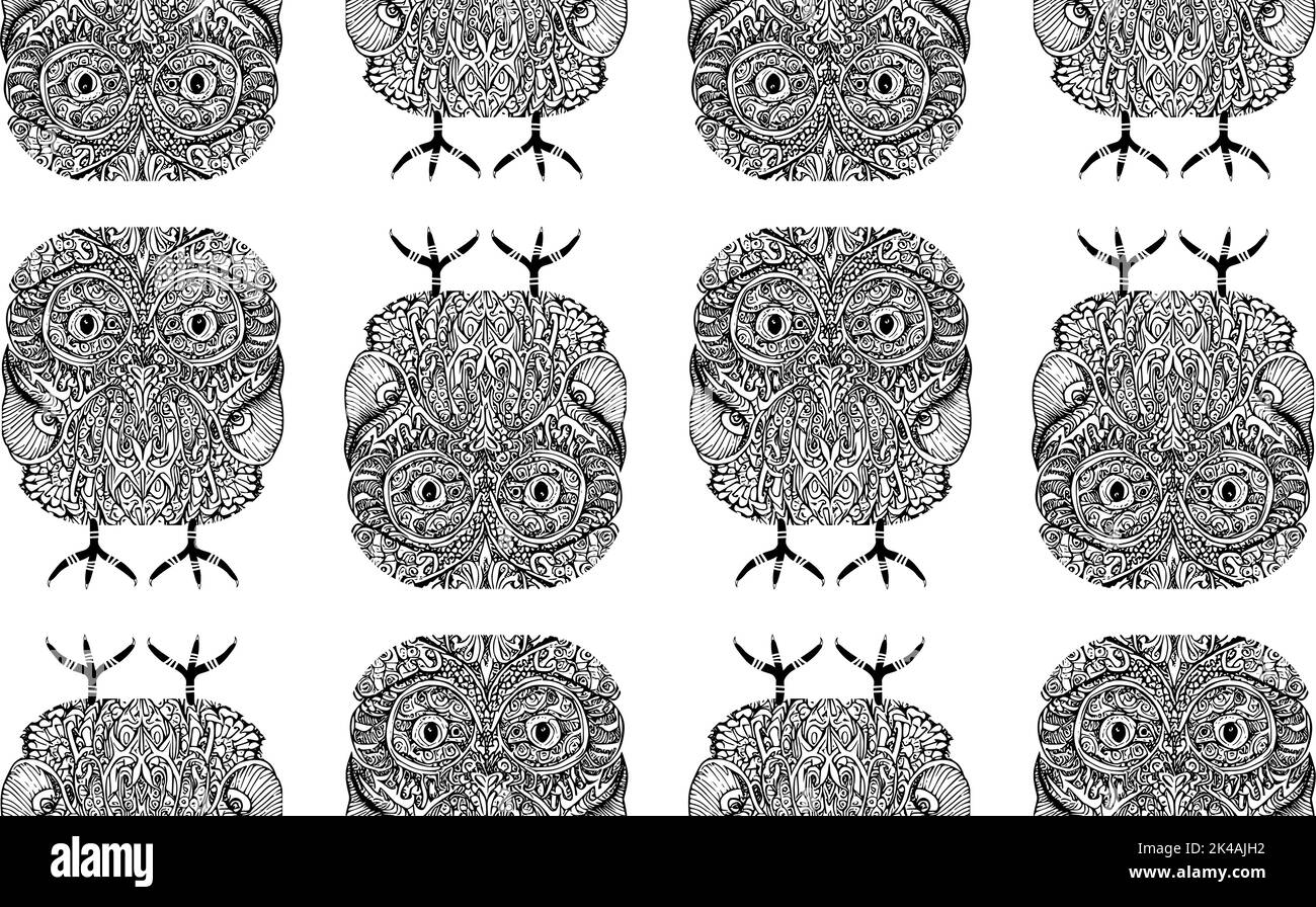 Coloring book style cute hand drawn owls, seamless pattern, black on ...