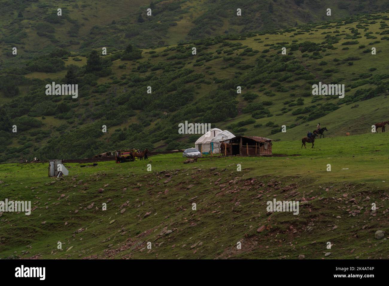 Kyrgyz nomad yurt camp in remote Karkyra Valley, Kyrgyzstan Stock Photo