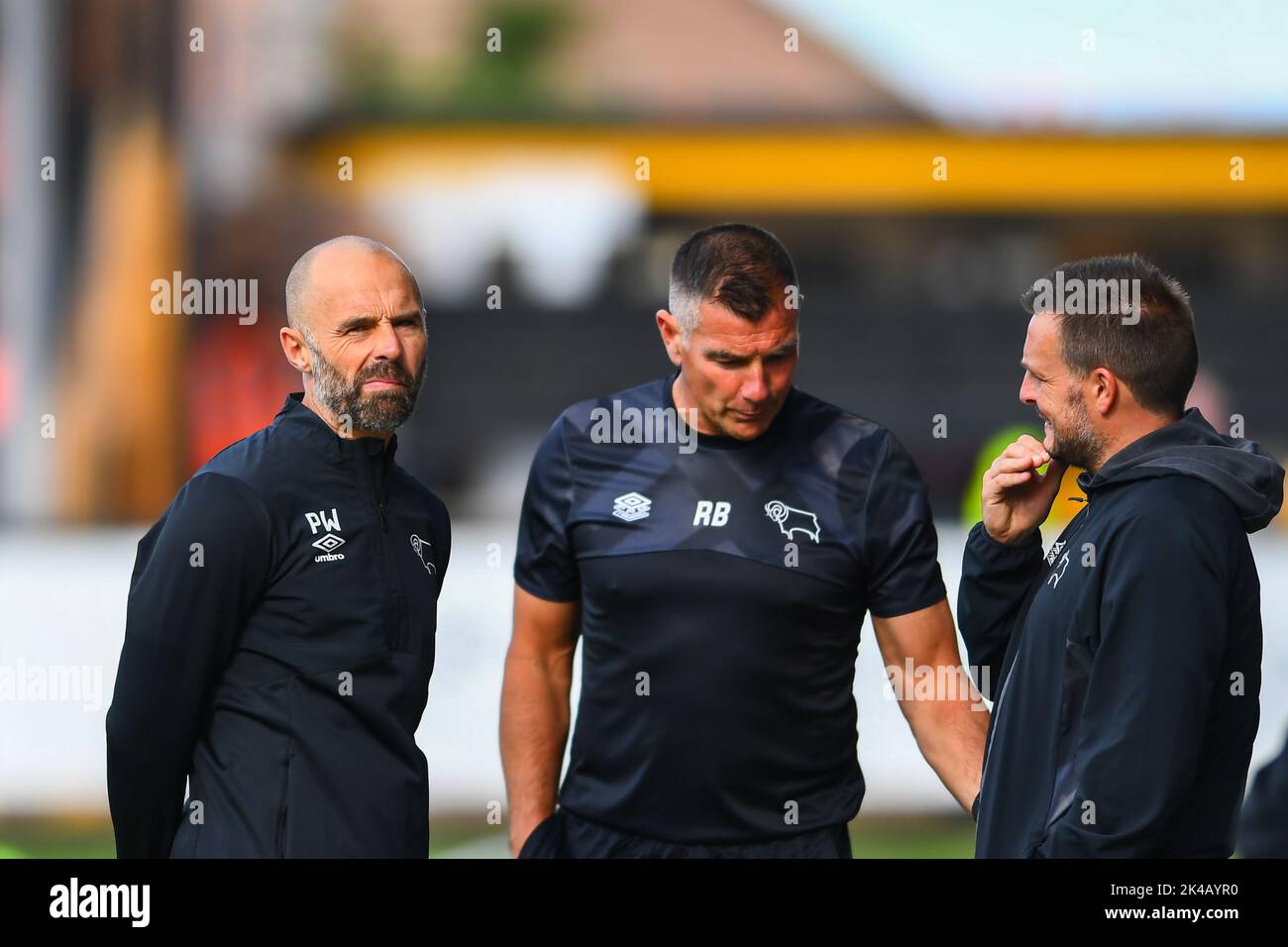 Cambridge, UK. 1st October 2022Manager Paul Warne ( Paul Warne Derby) and back room staff during the Sky Bet League 1 match between Cambridge United and Derby County at the R Costings Abbey Stadium, Cambridge on Saturday 1st October 2022. (Credit: Kevin Hodgson | MI News) Credit: MI News & Sport /Alamy Live News Stock Photo
