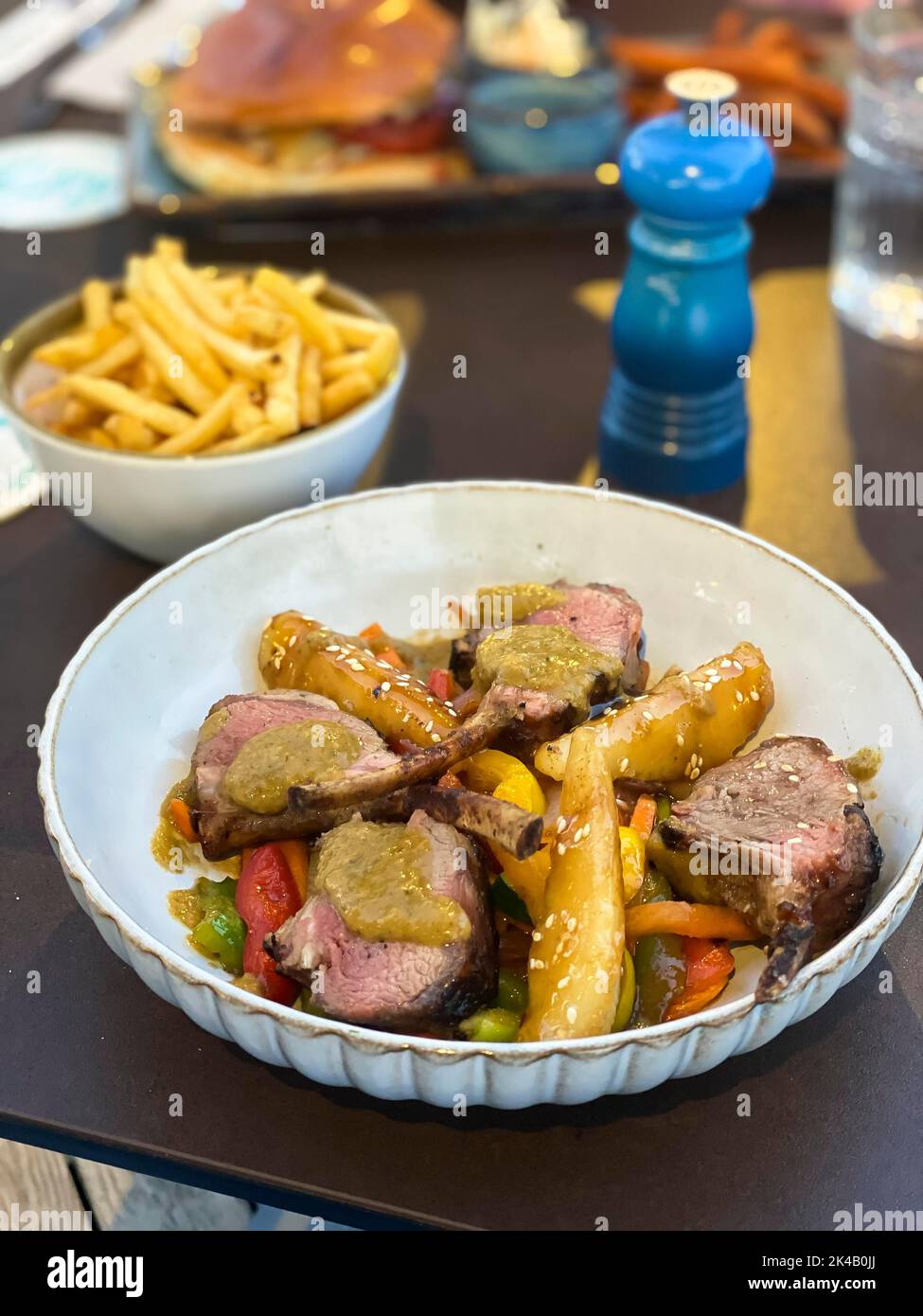 Lamb chops, vegetables, french fries, Mallorca Spain Stock Photo Alamy