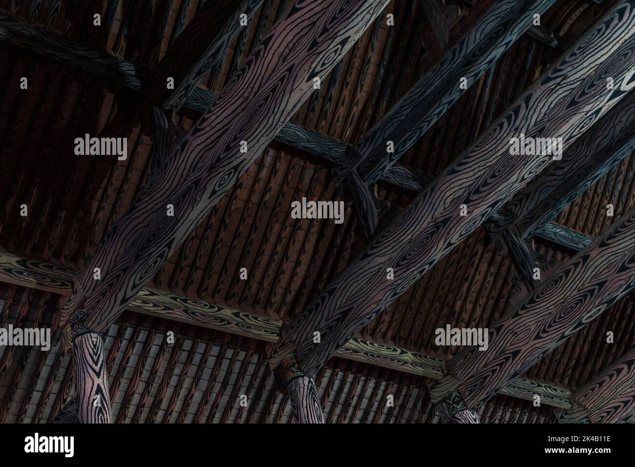 Timber interior structure of Chinese Dungan Uyghur Mosque in Zharkent, Kazakhstan Stock Photo