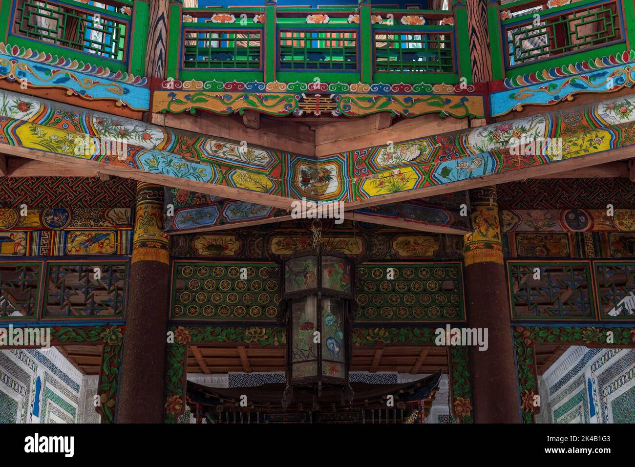 Colourful interior timber hall and structure of Chinese Dungan Uyghur Mosque in Zharkent, Kazakhstan Stock Photo