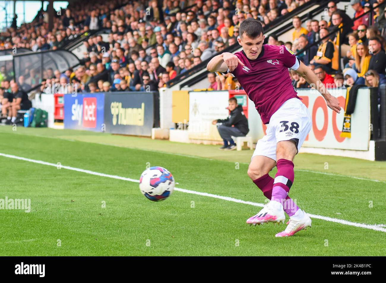 Cambridge, UK. 1st October 2022Jason Knight (38 Derby) crosses the ball during the Sky Bet League 1 match between Cambridge United and Derby County at the R Costings Abbey Stadium, Cambridge on Saturday 1st October 2022. (Credit: Kevin Hodgson | MI News) Credit: MI News & Sport /Alamy Live News Stock Photo