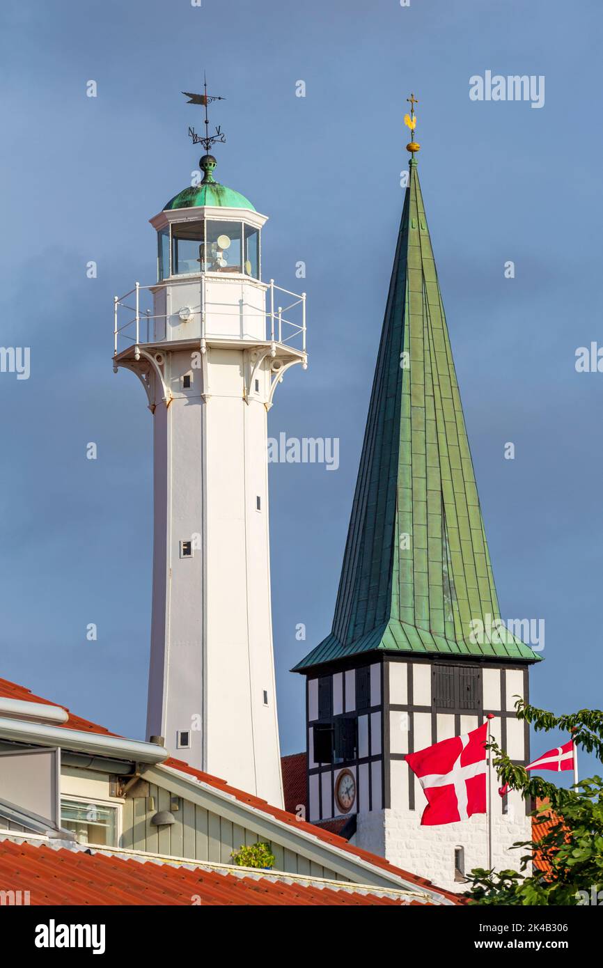 Ronne Lighthouse & St. Nicolas' Church,Ronne Port,Bornholm Island, Denmark, Europe Stock Photo