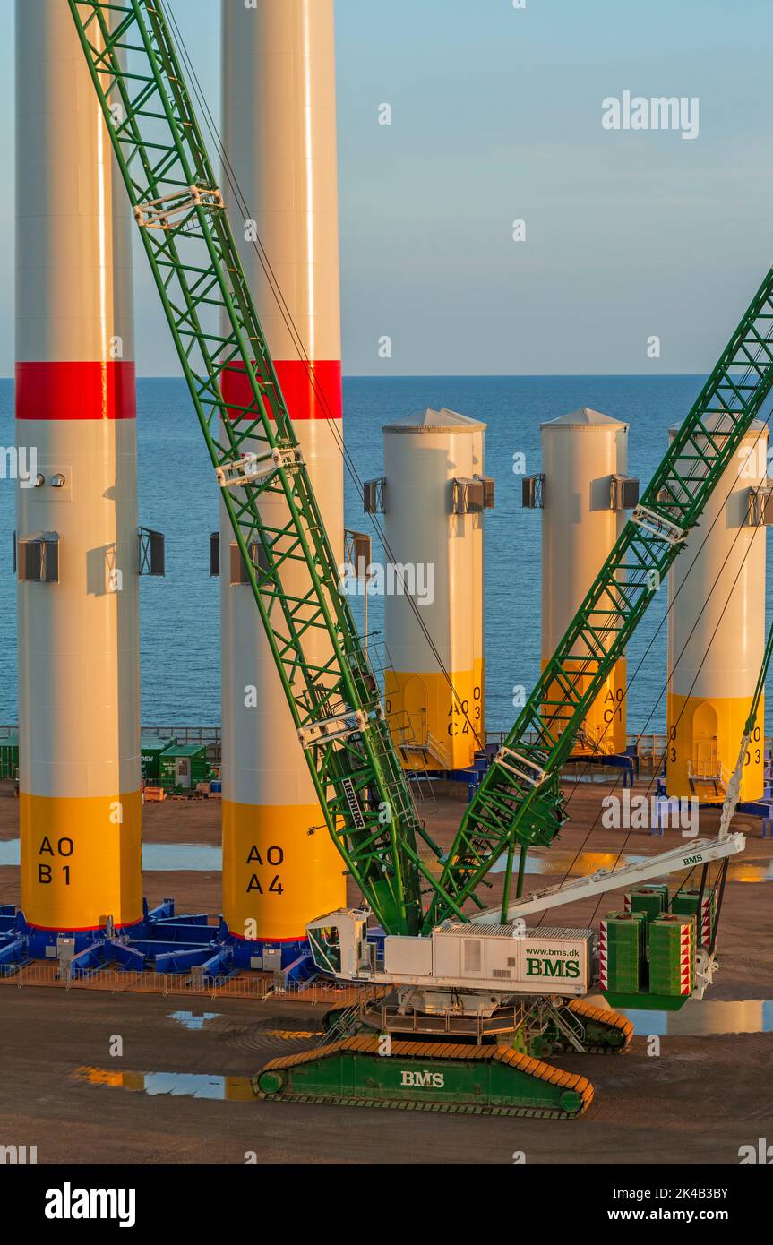 Wind turbines on the docksRonne City,Bornholm Island, Denmark, Europe Stock Photo