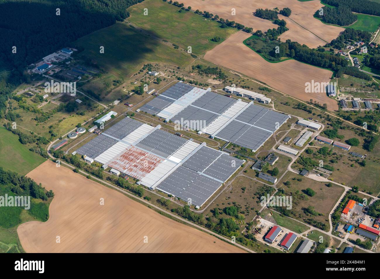 Aerial view of Hassleben pig fattening plant, largest pig fattening plant in the GDR, not in operation, no approval, agriculture, animal husbandry Stock Photo