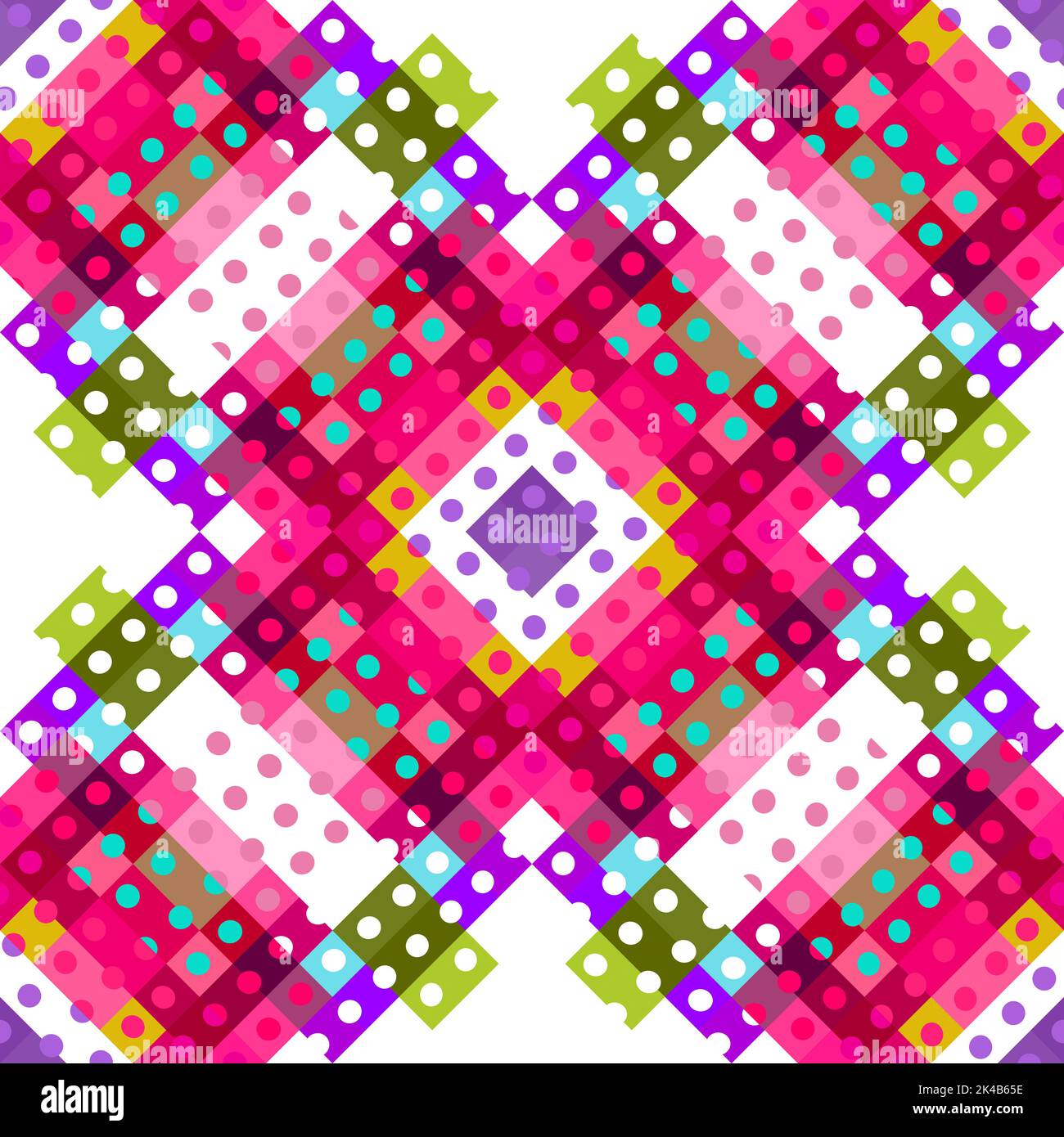 Whimsical geometric pixel pattern. Playful fun kaleidoscopic pink ...