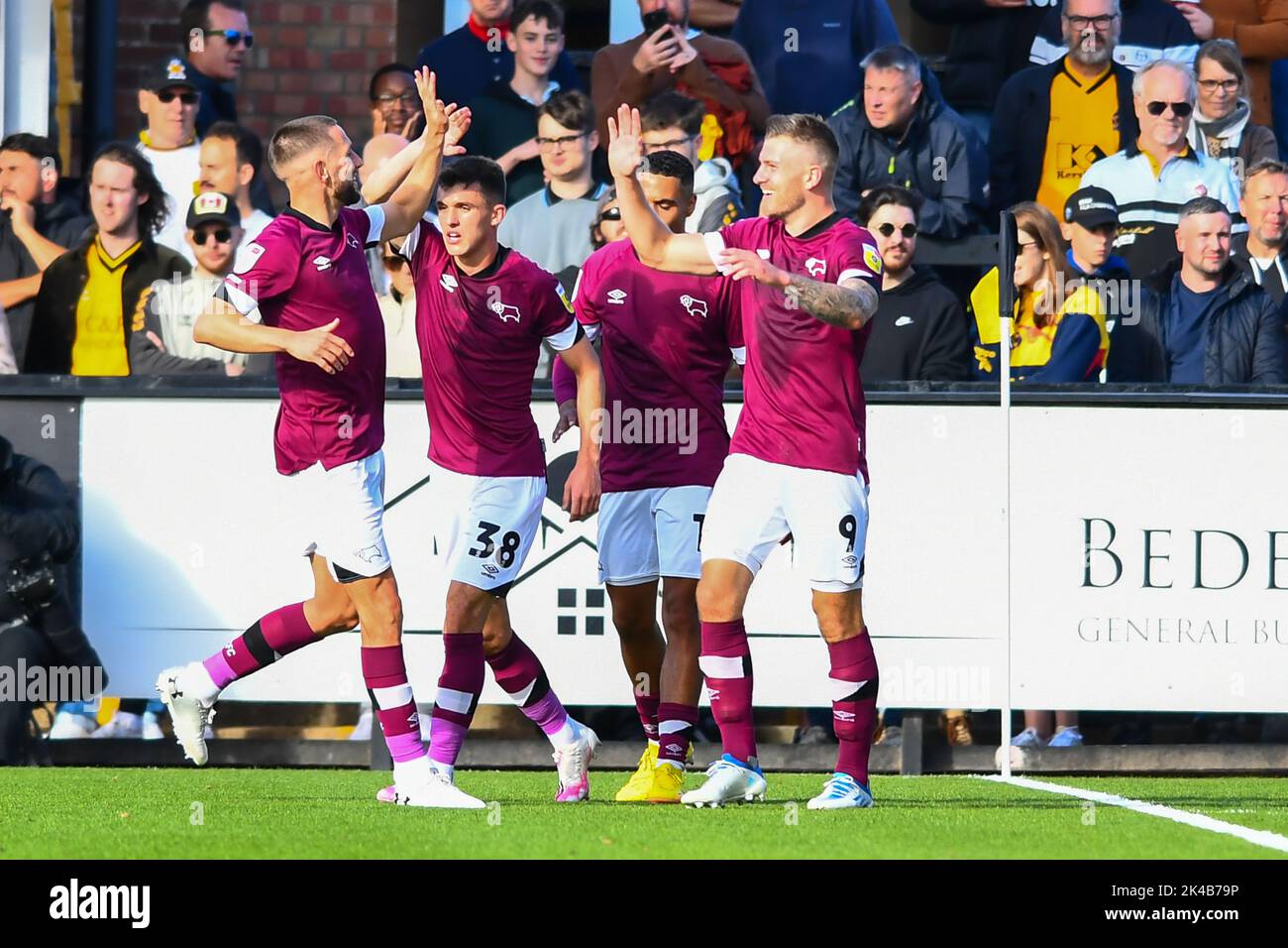 Cambridge, UK. 1st October 2022Derby players celebrate James Collins (9 Derby) first goal during the Sky Bet League 1 match between Cambridge United and Derby County at the R Costings Abbey Stadium, Cambridge on Saturday 1st October 2022. (Credit: Kevin Hodgson | MI News) Credit: MI News & Sport /Alamy Live News Stock Photo