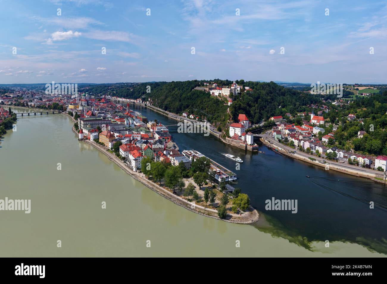Three Rivers Corner, Old Town in the back, Danube on the right, Ilz further on the right, Veste Oberhaus, Veste Niederhaus, Ilzstadt on the far Stock Photo