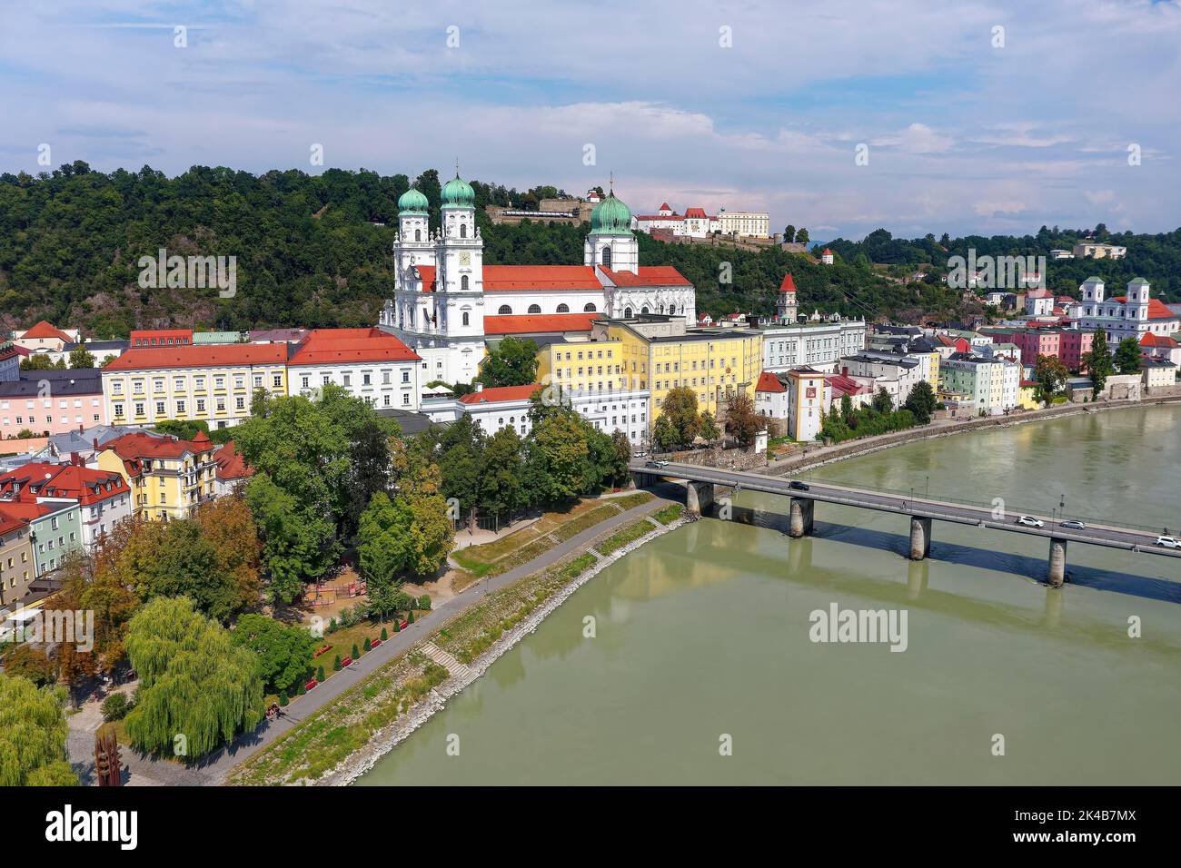 Aerial view, River Inn, Marienbruecke, St. Stephan's Cathedral, Old Town, Three Rivers City of Passau, independent university city, administrative Stock Photo