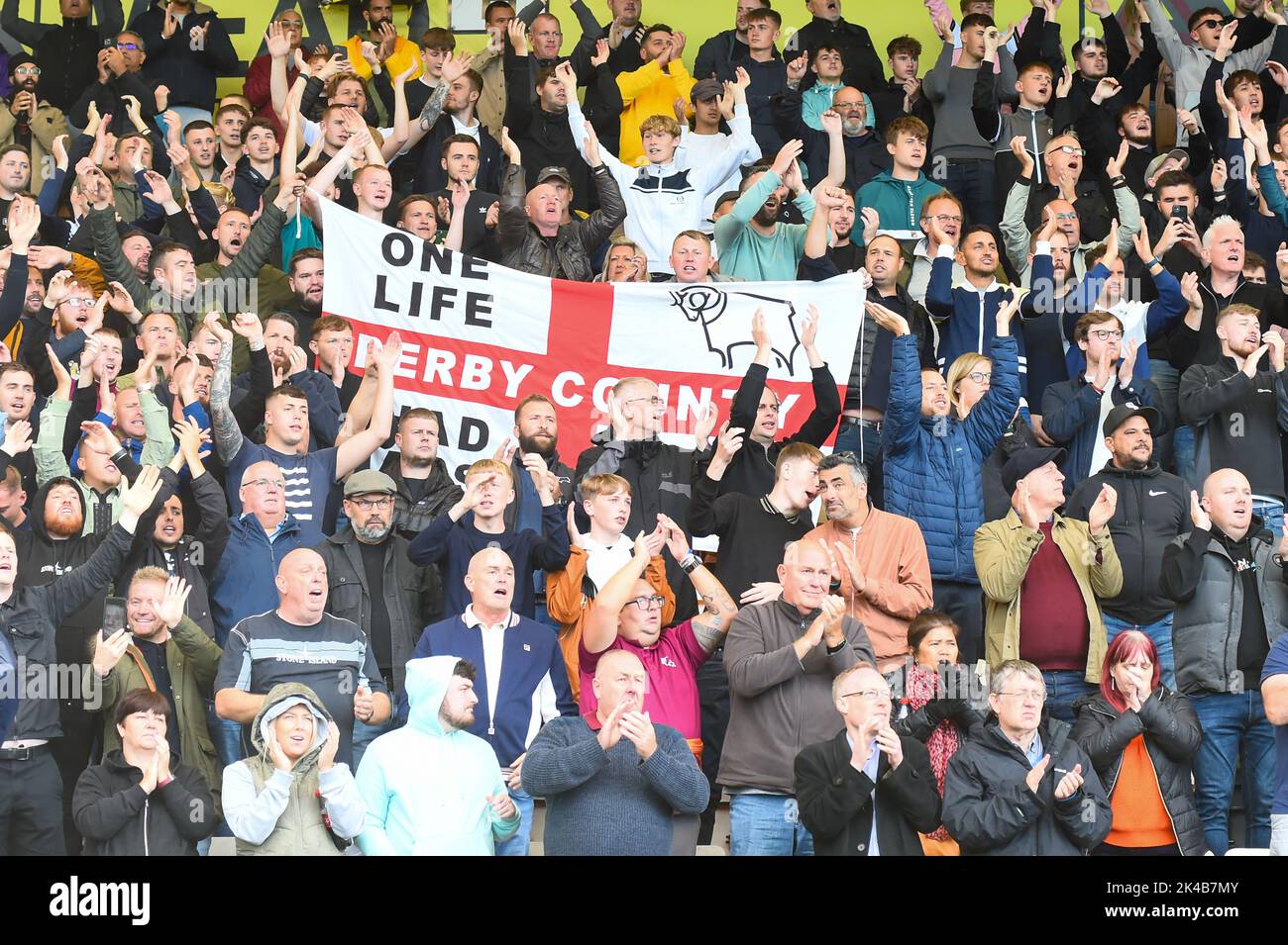 Cambridge, UK. 1st October 2022Derby fans celebrate at end of game during the Sky Bet League 1 match between Cambridge United and Derby County at the R Costings Abbey Stadium, Cambridge on Saturday 1st October 2022. (Credit: Kevin Hodgson | MI News) Credit: MI News & Sport /Alamy Live News Stock Photo