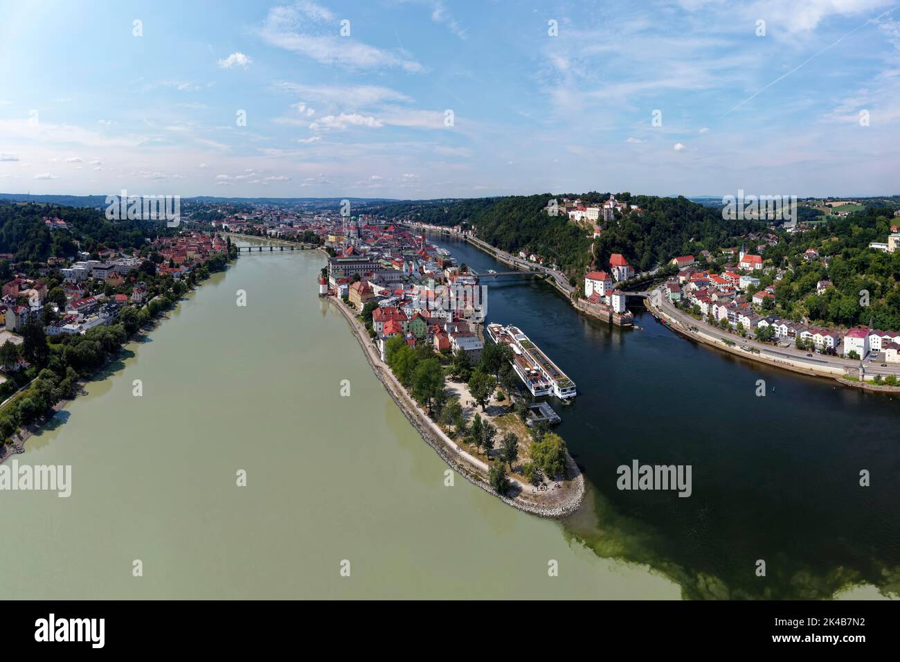 Left Inn city and Inn, centre three river corner, right Danube, further back Ilz, Veste Oberhaus, Veste Niederhaus, right Ilz city, aerial view Stock Photo