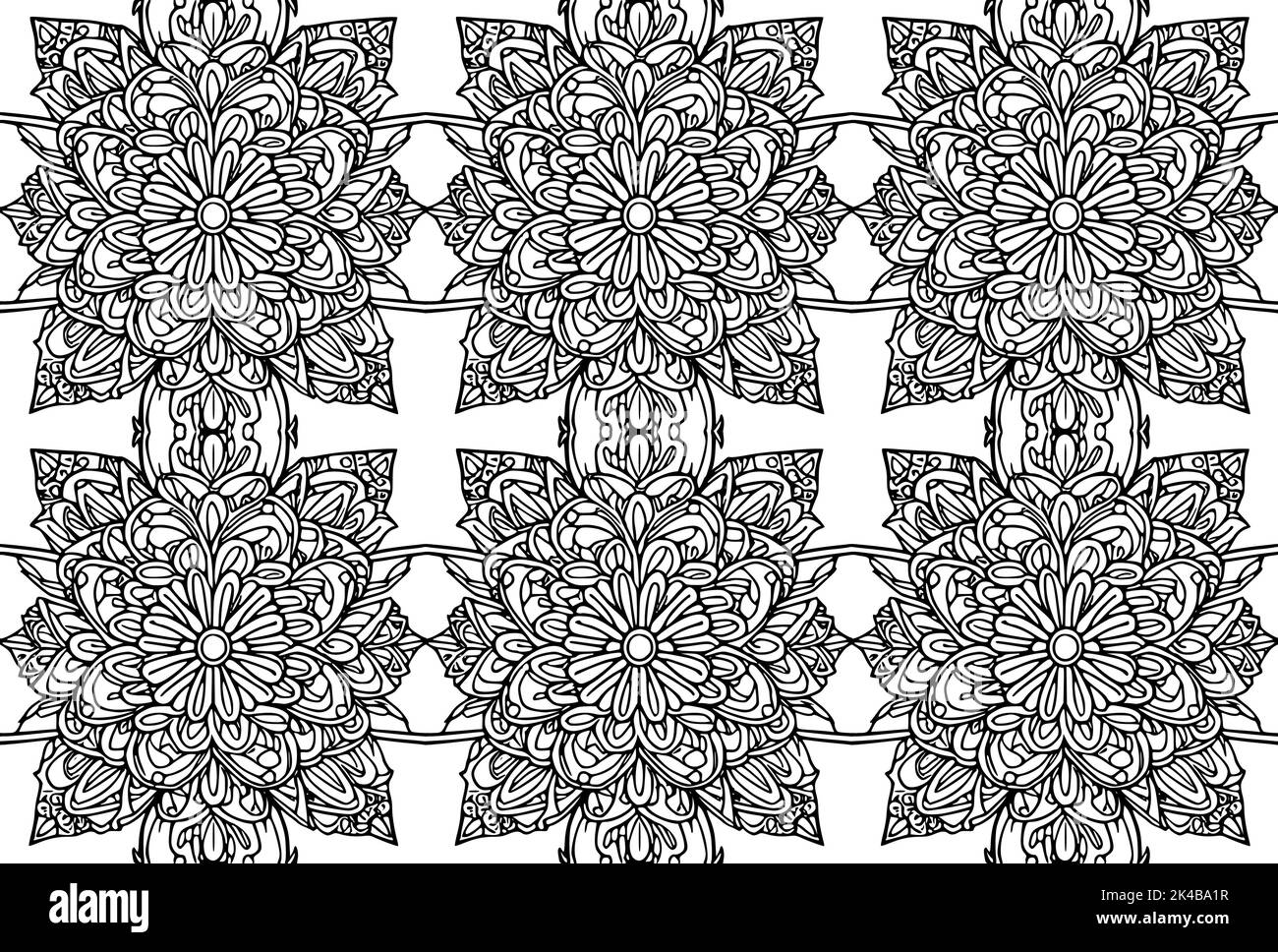 Seamless vector line art pattern made of black line hand drawn flowers on white, coloring book style Stock Vector