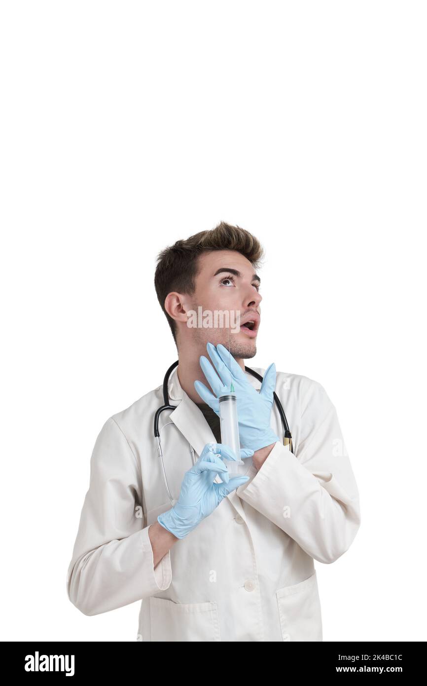 Young caucasian beautician giving face lifting injection to himself, isolated. Stock Photo