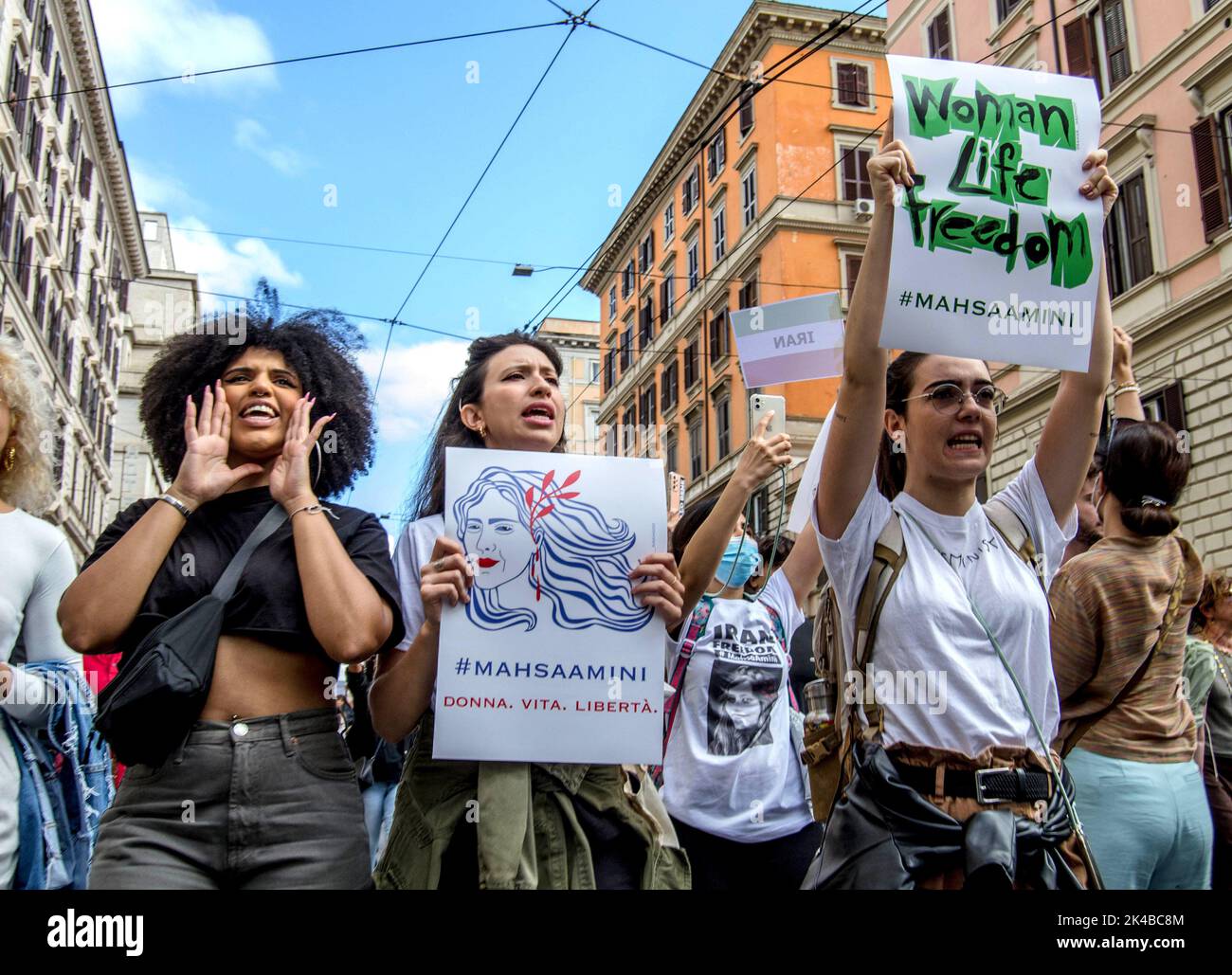 A demonstration in solidarity with Iranian women organized by Freedom Rally  for Iran in Rome, Italy on October 1, 2022. Many signs and T-shirts recall  Mahsa Amini, the Kurdish student who died