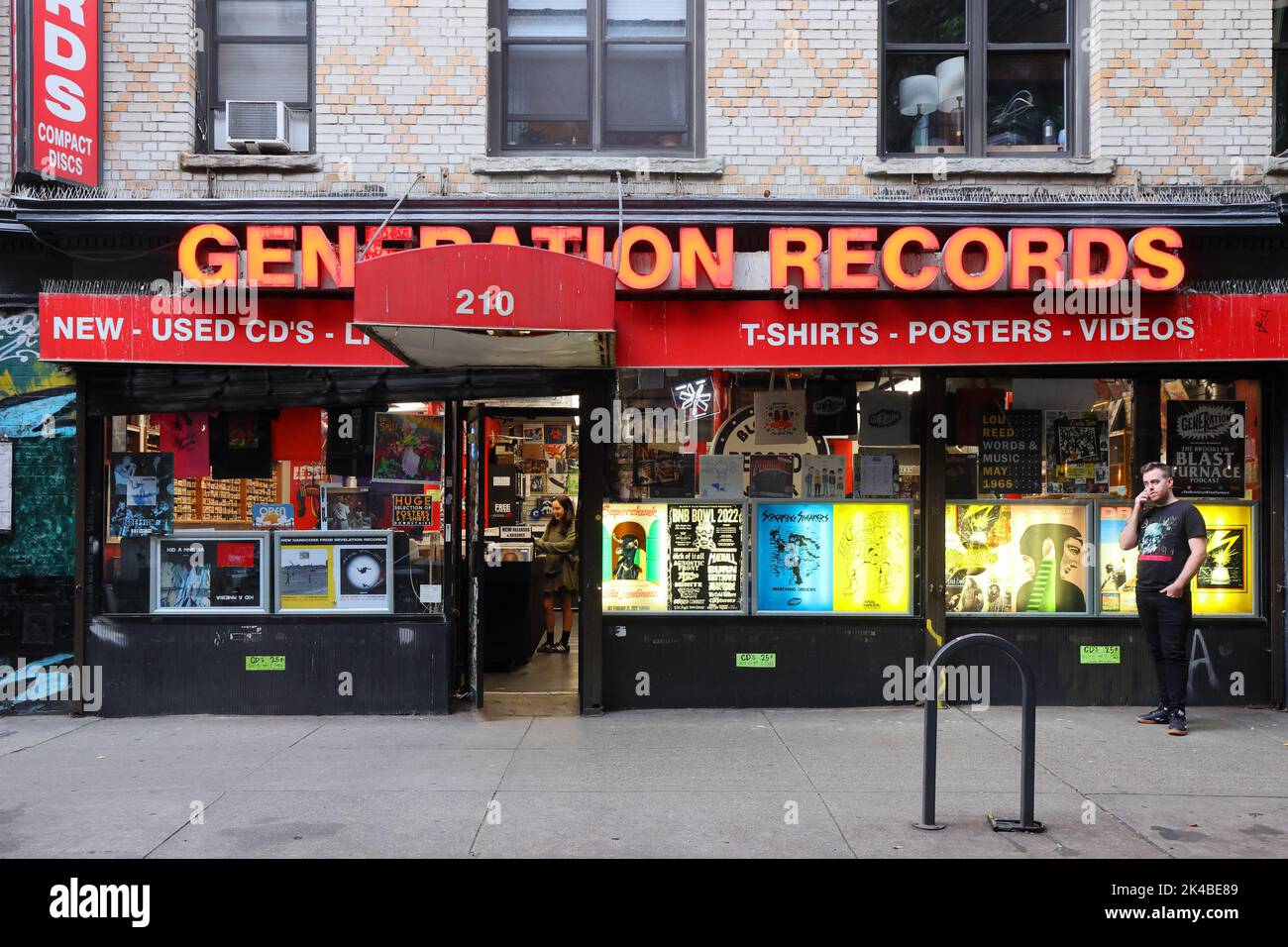 Generation Records, 210 Thompson St, New York, NYC storefront photo of a record store in the Greenwich Village neighborhood in Manhattan. Stock Photo