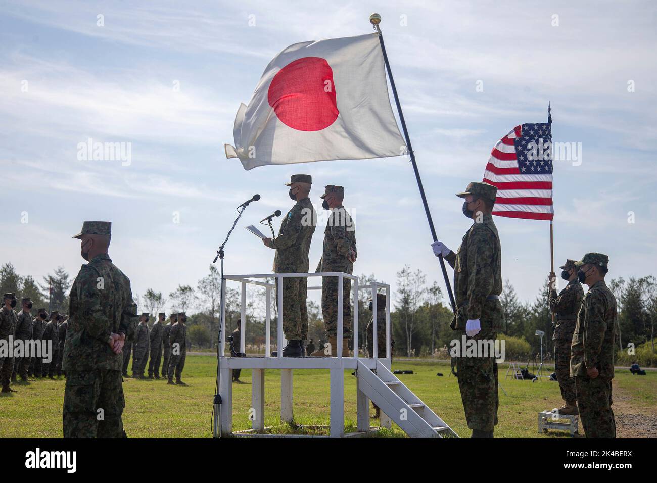 Akkeshi, Japan. 01st Oct, 2022. U.S. Marine Corps Col. Jonathon Sims, 12th Marines Commanding Officer, and Japan Self- Defense Force Col. Watanabe Koki, 2d Division Chief of Staff, Northern Army, address participants during the opening ceremony of Resolute Dragon 22 at Yausubetsu Maneuver Area, October 1, 2022 in Hokkaido, Japan. Credit: Cpl. Diana Jimenez/U.S. Marine Corps/Alamy Live News Stock Photo